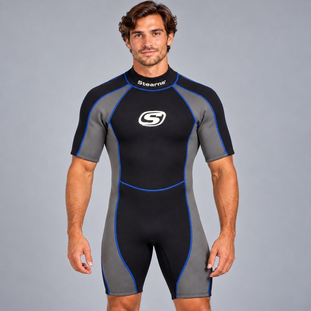 Stearns Shorty Wetsuit Mens Large Black Grey Neoprene Short Sleeve Surf Suit